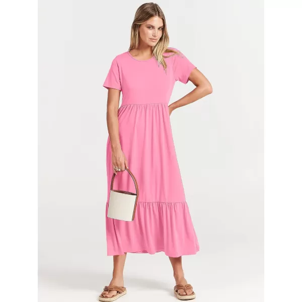 imageANRABESS Womens Summer Casual Short Sleeve Crewneck Swing Dress Flowy Tiered Maxi Beach Dress with PocketsPink