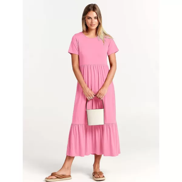 imageANRABESS Womens Summer Casual Short Sleeve Crewneck Swing Dress Flowy Tiered Maxi Beach Dress with PocketsPink