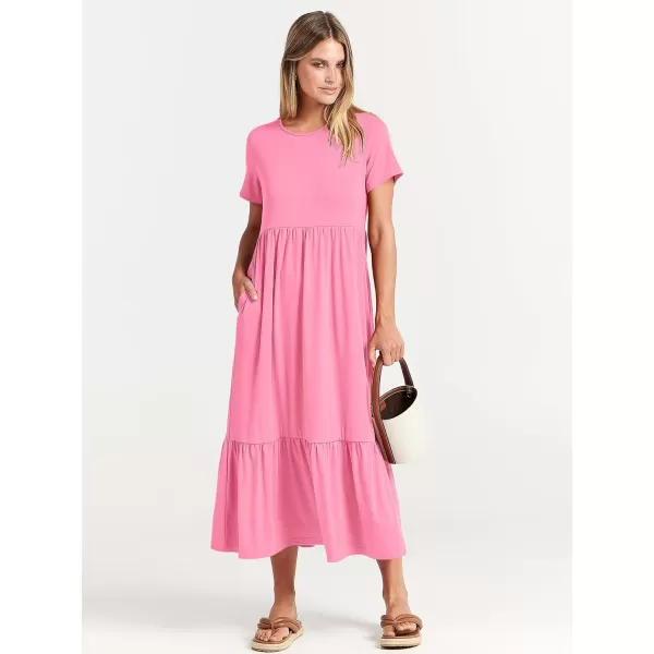 imageANRABESS Womens Summer Casual Short Sleeve Crewneck Swing Dress Flowy Tiered Maxi Beach Dress with PocketsPink