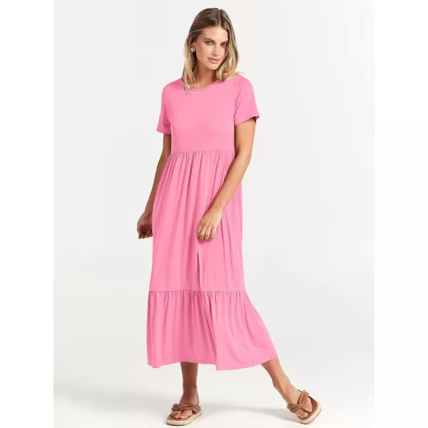 imageANRABESS Womens Summer Casual Short Sleeve Crewneck Swing Dress Flowy Tiered Maxi Beach Dress with PocketsPink