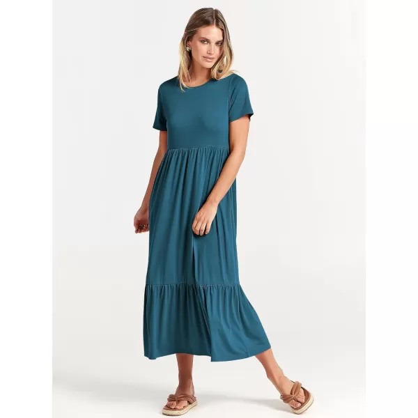 imageANRABESS Womens Summer Casual Short Sleeve Crewneck Swing Dress Flowy Tiered Maxi Beach Dress with PocketsTeal Blue