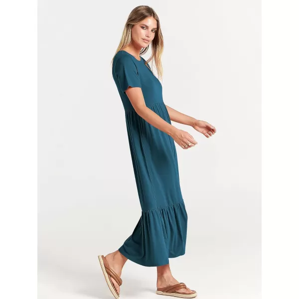 imageANRABESS Womens Summer Casual Short Sleeve Crewneck Swing Dress Flowy Tiered Maxi Beach Dress with PocketsTeal Blue