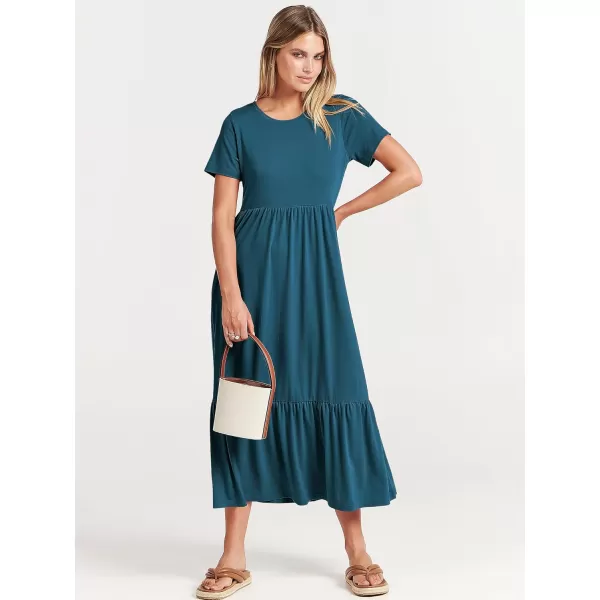 imageANRABESS Womens Summer Casual Short Sleeve Crewneck Swing Dress Flowy Tiered Maxi Beach Dress with PocketsTeal Blue