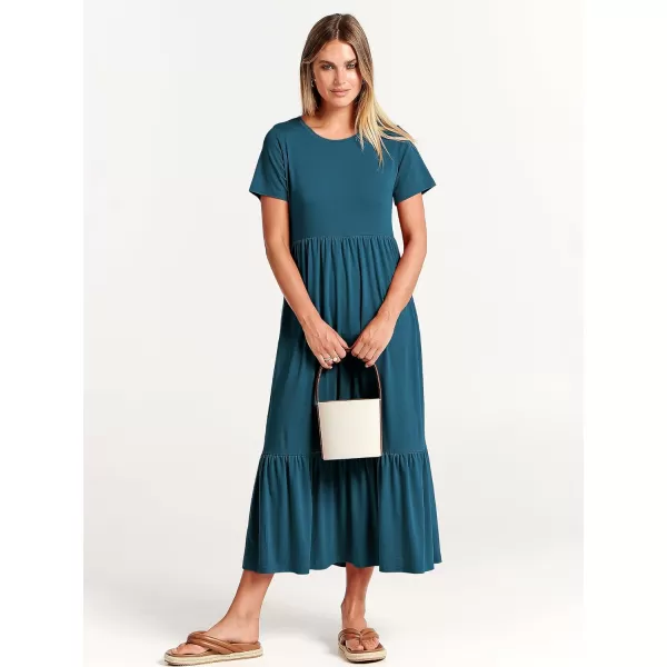 imageANRABESS Womens Summer Casual Short Sleeve Crewneck Swing Dress Flowy Tiered Maxi Beach Dress with PocketsTeal Blue