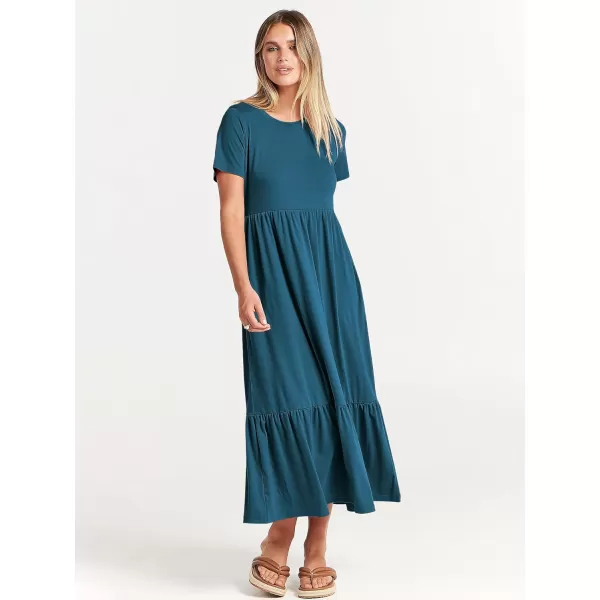 imageANRABESS Womens Summer Casual Short Sleeve Crewneck Swing Dress Flowy Tiered Maxi Beach Dress with PocketsTeal Blue