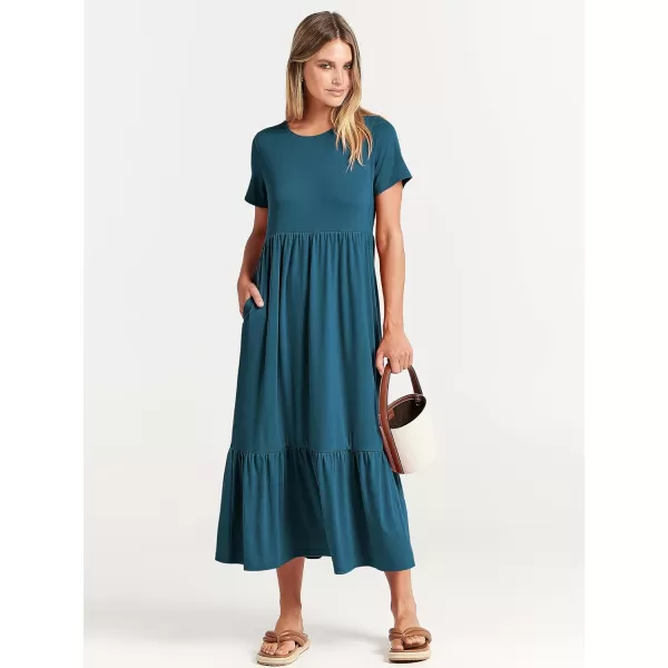 imageANRABESS Womens Summer Casual Short Sleeve Crewneck Swing Dress Flowy Tiered Maxi Beach Dress with PocketsTeal Blue