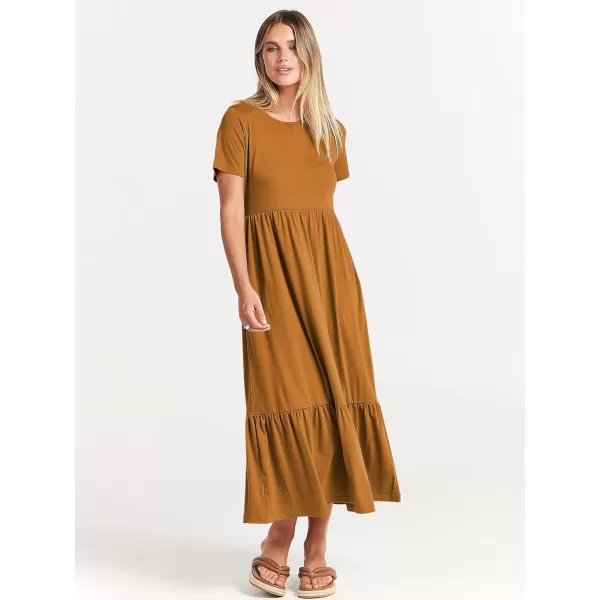 imageANRABESS Womens Summer Casual Short Sleeve Crewneck Swing Dress Flowy Tiered Maxi Beach Dress with PocketsYellow