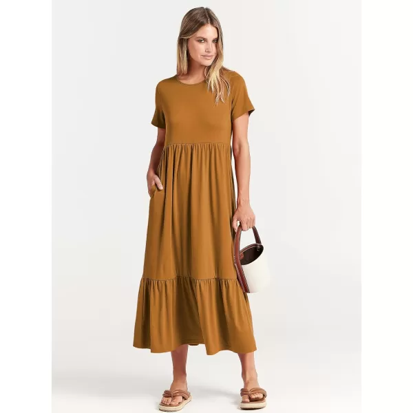 imageANRABESS Womens Summer Casual Short Sleeve Crewneck Swing Dress Flowy Tiered Maxi Beach Dress with PocketsYellow