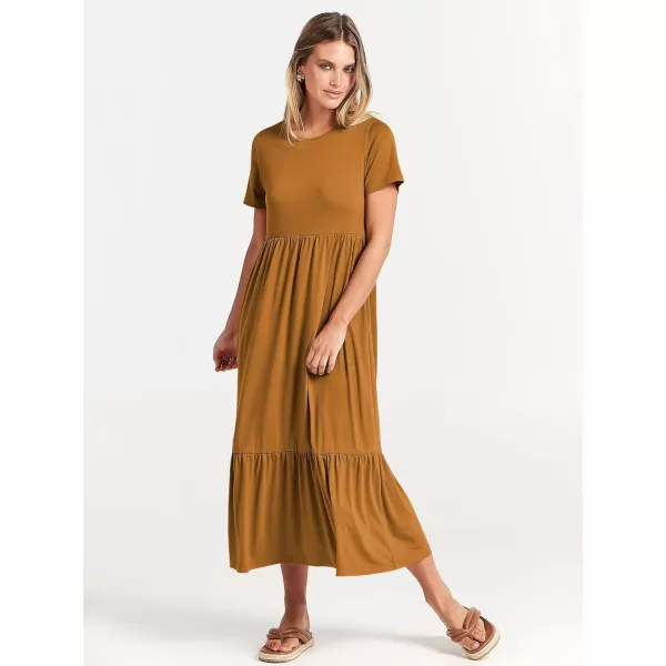 imageANRABESS Womens Summer Casual Short Sleeve Crewneck Swing Dress Flowy Tiered Maxi Beach Dress with PocketsYellow