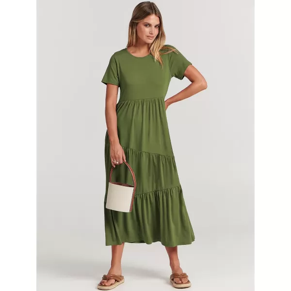 imageANRABESS Womens Summer Casual Short Sleeve Crewneck Swing Maxi Dress Flowy Asymmetric Tiered Beach Dress with PocketsArmy Green
