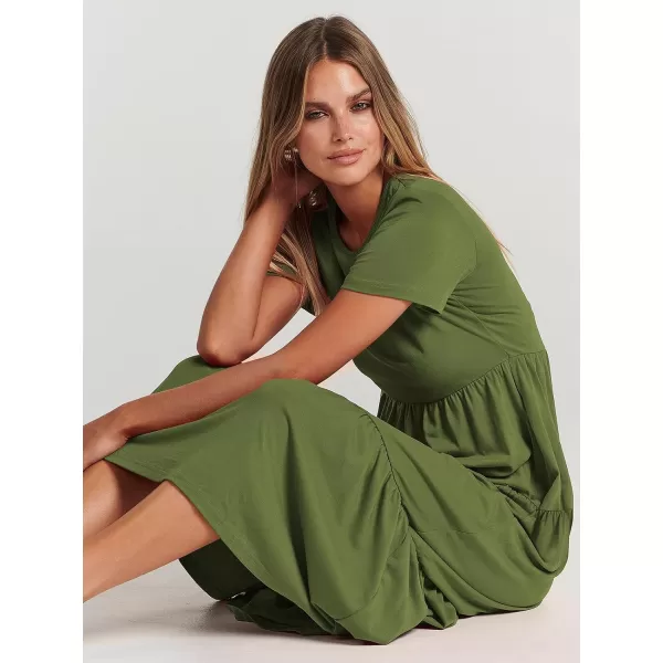 imageANRABESS Womens Summer Casual Short Sleeve Crewneck Swing Maxi Dress Flowy Asymmetric Tiered Beach Dress with PocketsArmy Green