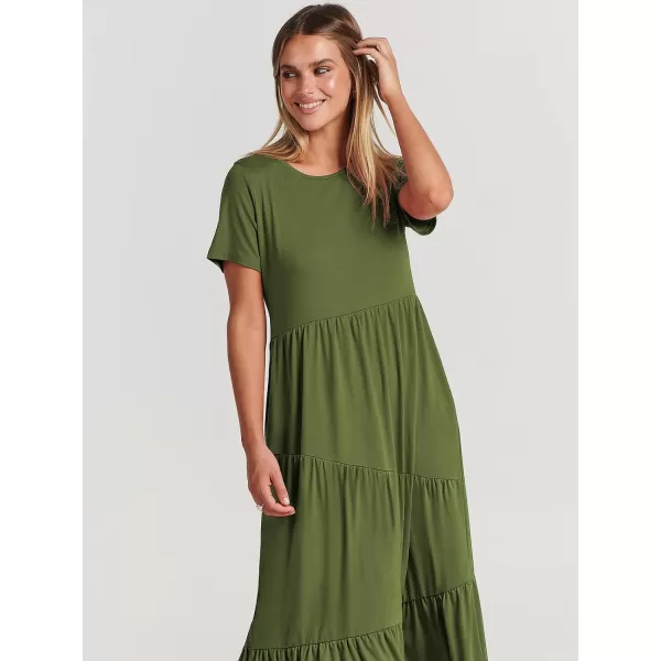 imageANRABESS Womens Summer Casual Short Sleeve Crewneck Swing Maxi Dress Flowy Asymmetric Tiered Beach Dress with PocketsArmy Green