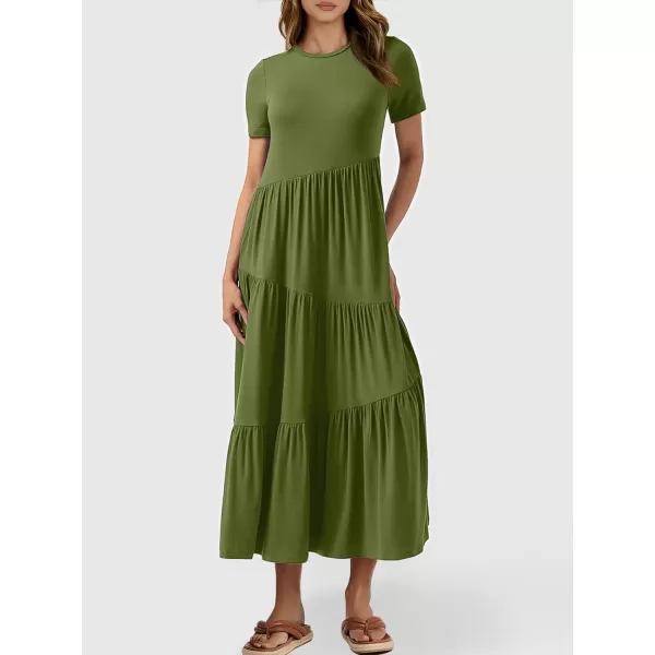 imageANRABESS Womens Summer Casual Short Sleeve Crewneck Swing Maxi Dress Flowy Asymmetric Tiered Beach Dress with PocketsArmy Green