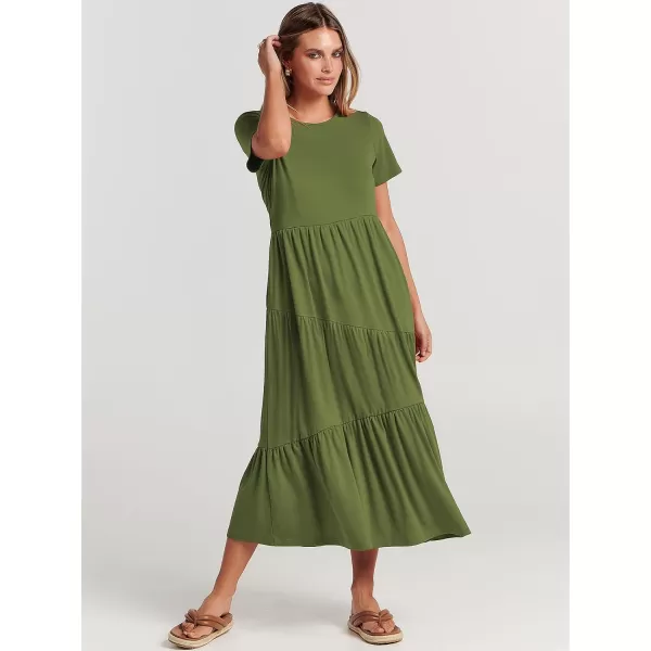 imageANRABESS Womens Summer Casual Short Sleeve Crewneck Swing Maxi Dress Flowy Asymmetric Tiered Beach Dress with PocketsArmy Green