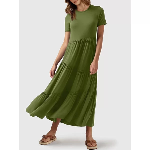 imageANRABESS Womens Summer Casual Short Sleeve Crewneck Swing Maxi Dress Flowy Asymmetric Tiered Beach Dress with PocketsArmy Green