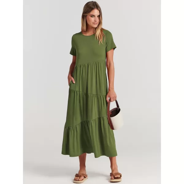 imageANRABESS Womens Summer Casual Short Sleeve Crewneck Swing Maxi Dress Flowy Asymmetric Tiered Beach Dress with PocketsArmy Green