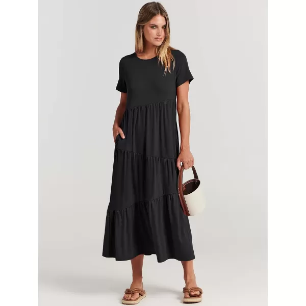 imageANRABESS Womens Summer Casual Short Sleeve Crewneck Swing Maxi Dress Flowy Asymmetric Tiered Beach Dress with PocketsBlack