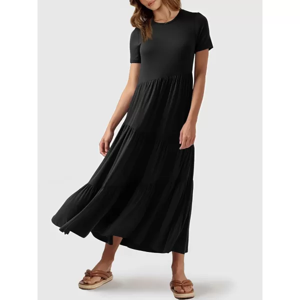 imageANRABESS Womens Summer Casual Short Sleeve Crewneck Swing Maxi Dress Flowy Asymmetric Tiered Beach Dress with PocketsBlack