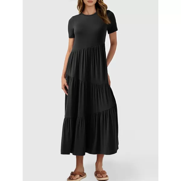 imageANRABESS Womens Summer Casual Short Sleeve Crewneck Swing Maxi Dress Flowy Asymmetric Tiered Beach Dress with PocketsBlack