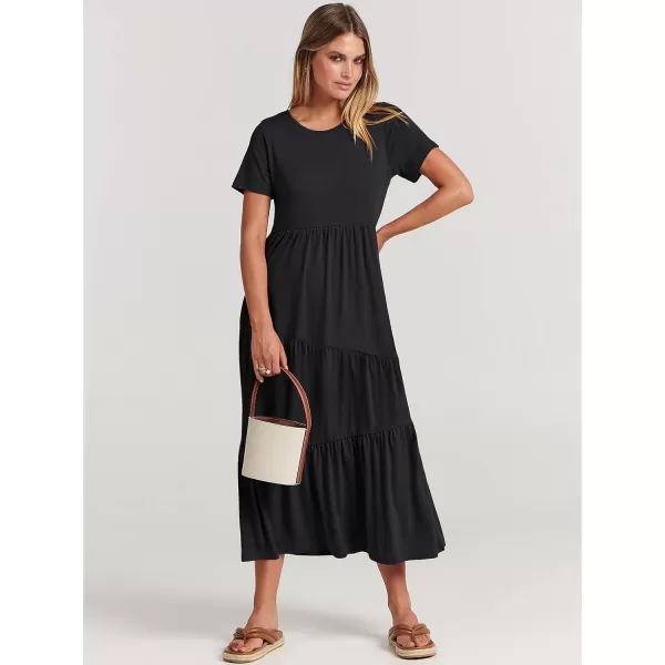 imageANRABESS Womens Summer Casual Short Sleeve Crewneck Swing Maxi Dress Flowy Asymmetric Tiered Beach Dress with PocketsBlack