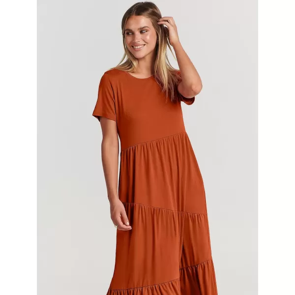 imageANRABESS Womens Summer Casual Short Sleeve Crewneck Swing Maxi Dress Flowy Asymmetric Tiered Beach Dress with PocketsBrick Red