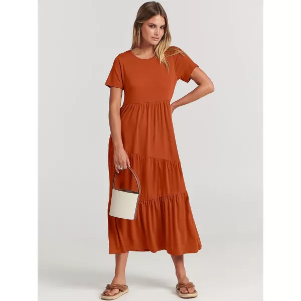imageANRABESS Womens Summer Casual Short Sleeve Crewneck Swing Maxi Dress Flowy Asymmetric Tiered Beach Dress with PocketsBrick Red