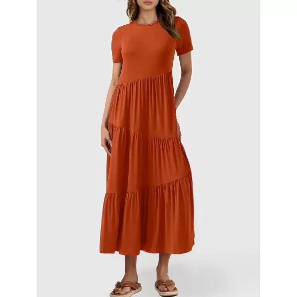 imageANRABESS Womens Summer Casual Short Sleeve Crewneck Swing Maxi Dress Flowy Asymmetric Tiered Beach Dress with PocketsBrick Red