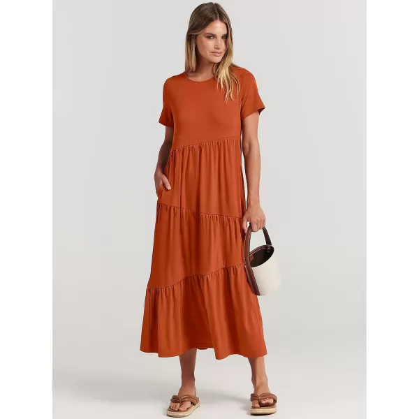 imageANRABESS Womens Summer Casual Short Sleeve Crewneck Swing Maxi Dress Flowy Asymmetric Tiered Beach Dress with PocketsBrick Red