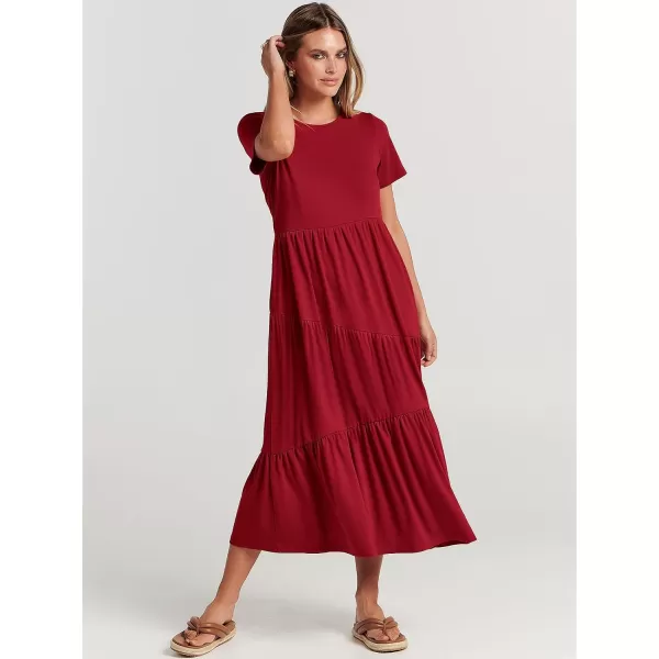 imageANRABESS Womens Summer Casual Short Sleeve Crewneck Swing Maxi Dress Flowy Asymmetric Tiered Beach Dress with PocketsBurgundy