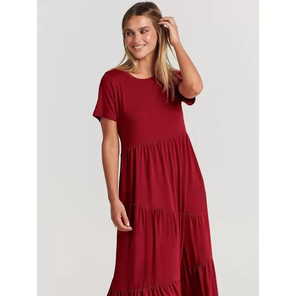imageANRABESS Womens Summer Casual Short Sleeve Crewneck Swing Maxi Dress Flowy Asymmetric Tiered Beach Dress with PocketsBurgundy