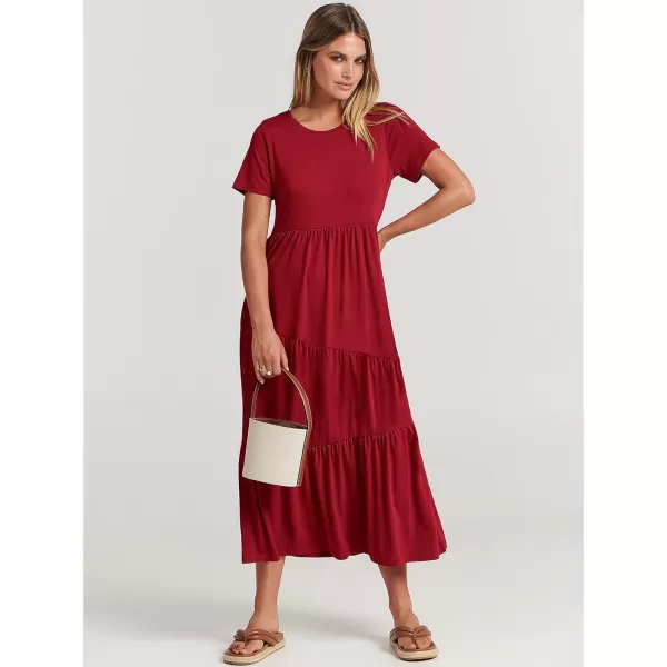 imageANRABESS Womens Summer Casual Short Sleeve Crewneck Swing Maxi Dress Flowy Asymmetric Tiered Beach Dress with PocketsBurgundy
