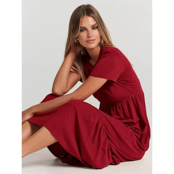 imageANRABESS Womens Summer Casual Short Sleeve Crewneck Swing Maxi Dress Flowy Asymmetric Tiered Beach Dress with PocketsBurgundy