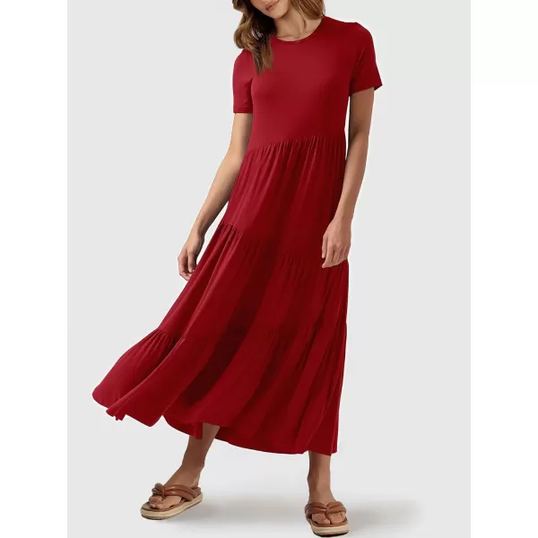 imageANRABESS Womens Summer Casual Short Sleeve Crewneck Swing Maxi Dress Flowy Asymmetric Tiered Beach Dress with PocketsBurgundy