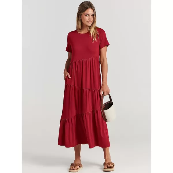 imageANRABESS Womens Summer Casual Short Sleeve Crewneck Swing Maxi Dress Flowy Asymmetric Tiered Beach Dress with PocketsBurgundy