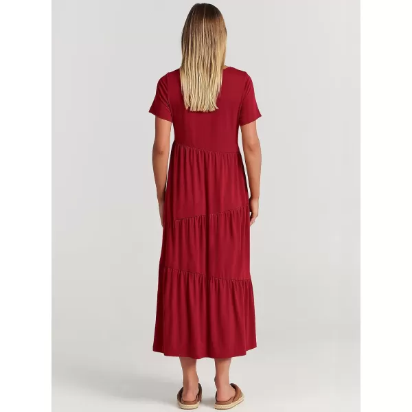 imageANRABESS Womens Summer Casual Short Sleeve Crewneck Swing Maxi Dress Flowy Asymmetric Tiered Beach Dress with PocketsBurgundy