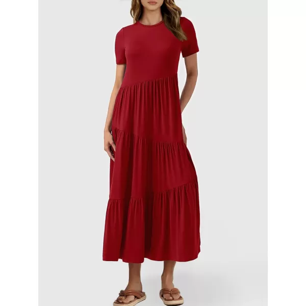 imageANRABESS Womens Summer Casual Short Sleeve Crewneck Swing Maxi Dress Flowy Asymmetric Tiered Beach Dress with PocketsBurgundy