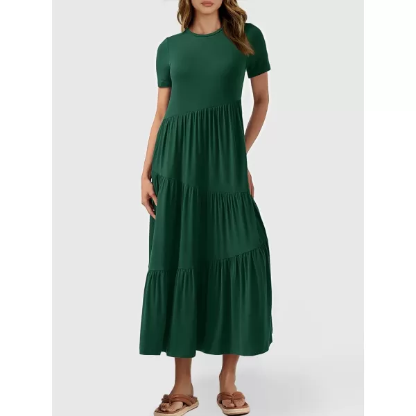 imageANRABESS Womens Summer Casual Short Sleeve Crewneck Swing Maxi Dress Flowy Asymmetric Tiered Beach Dress with PocketsDeep Green