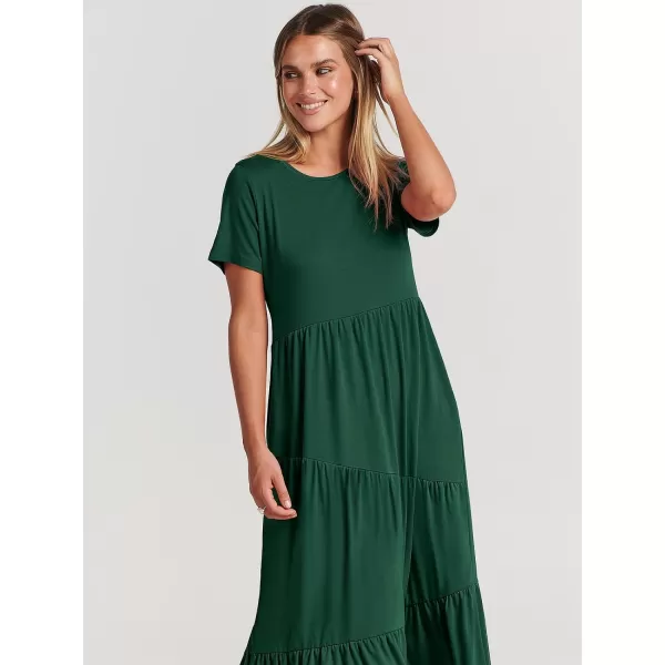 imageANRABESS Womens Summer Casual Short Sleeve Crewneck Swing Maxi Dress Flowy Asymmetric Tiered Beach Dress with PocketsDeep Green
