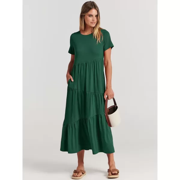 imageANRABESS Womens Summer Casual Short Sleeve Crewneck Swing Maxi Dress Flowy Asymmetric Tiered Beach Dress with PocketsDeep Green