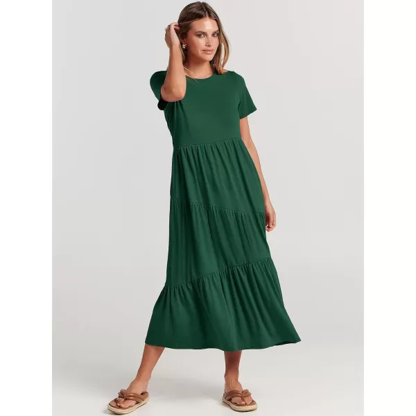imageANRABESS Womens Summer Casual Short Sleeve Crewneck Swing Maxi Dress Flowy Asymmetric Tiered Beach Dress with PocketsDeep Green