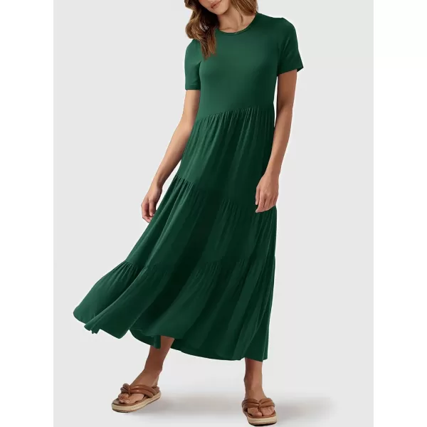 imageANRABESS Womens Summer Casual Short Sleeve Crewneck Swing Maxi Dress Flowy Asymmetric Tiered Beach Dress with PocketsDeep Green