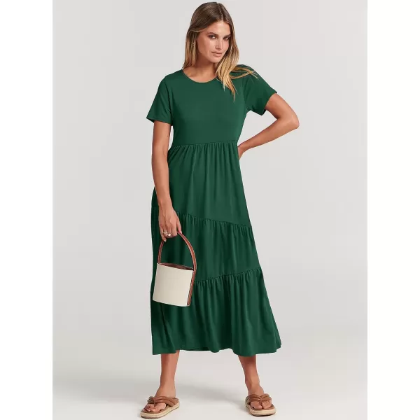 imageANRABESS Womens Summer Casual Short Sleeve Crewneck Swing Maxi Dress Flowy Asymmetric Tiered Beach Dress with PocketsDeep Green