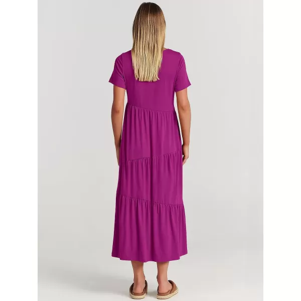 imageANRABESS Womens Summer Casual Short Sleeve Crewneck Swing Maxi Dress Flowy Asymmetric Tiered Beach Dress with PocketsFuchsia