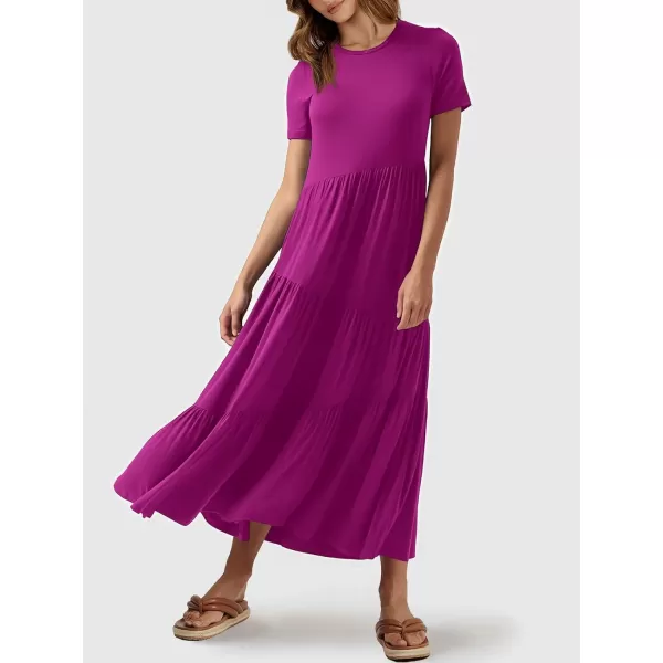 imageANRABESS Womens Summer Casual Short Sleeve Crewneck Swing Maxi Dress Flowy Asymmetric Tiered Beach Dress with PocketsFuchsia