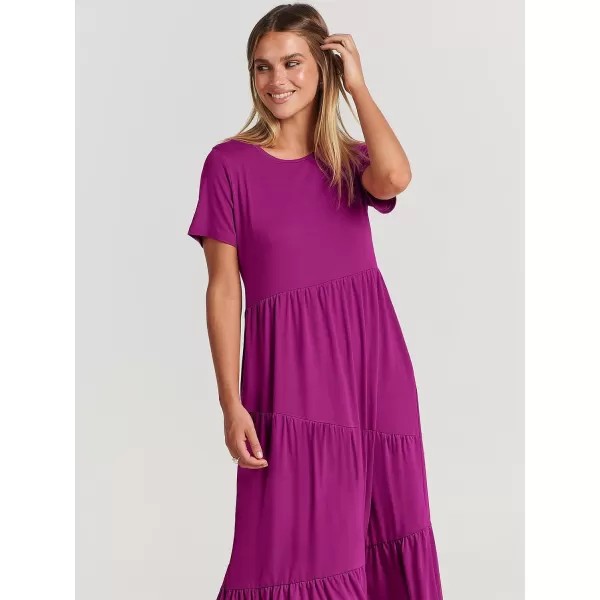 imageANRABESS Womens Summer Casual Short Sleeve Crewneck Swing Maxi Dress Flowy Asymmetric Tiered Beach Dress with PocketsFuchsia