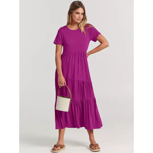 imageANRABESS Womens Summer Casual Short Sleeve Crewneck Swing Maxi Dress Flowy Asymmetric Tiered Beach Dress with PocketsFuchsia