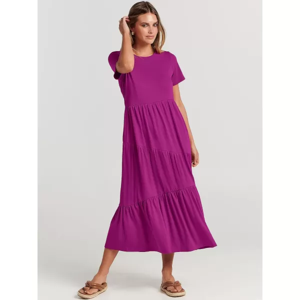 imageANRABESS Womens Summer Casual Short Sleeve Crewneck Swing Maxi Dress Flowy Asymmetric Tiered Beach Dress with PocketsFuchsia