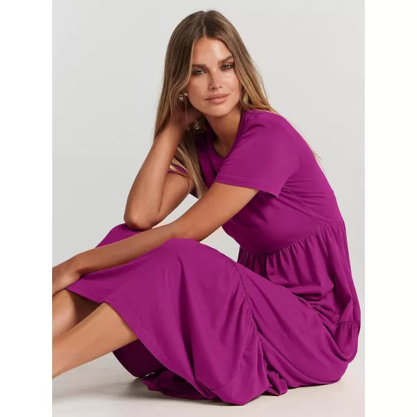 imageANRABESS Womens Summer Casual Short Sleeve Crewneck Swing Maxi Dress Flowy Asymmetric Tiered Beach Dress with PocketsFuchsia