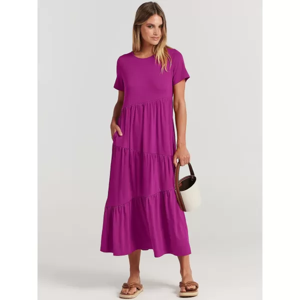 imageANRABESS Womens Summer Casual Short Sleeve Crewneck Swing Maxi Dress Flowy Asymmetric Tiered Beach Dress with PocketsFuchsia