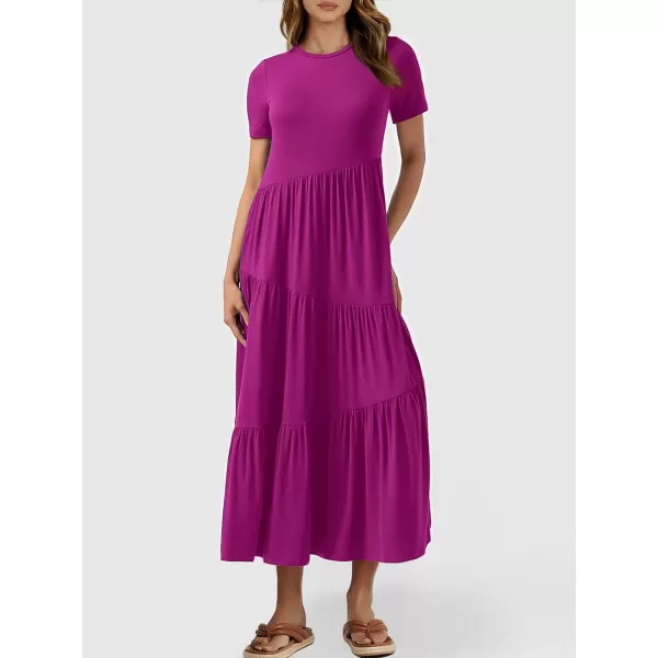 imageANRABESS Womens Summer Casual Short Sleeve Crewneck Swing Maxi Dress Flowy Asymmetric Tiered Beach Dress with PocketsFuchsia